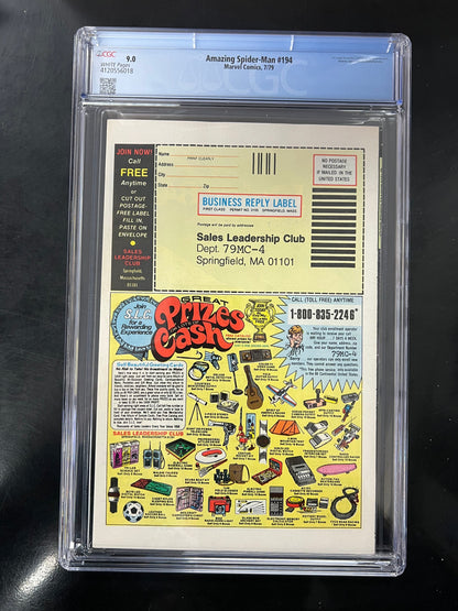 Amazing Spider-Man #194 -  CGC 9.0 - 1st Appearance of Black Cat