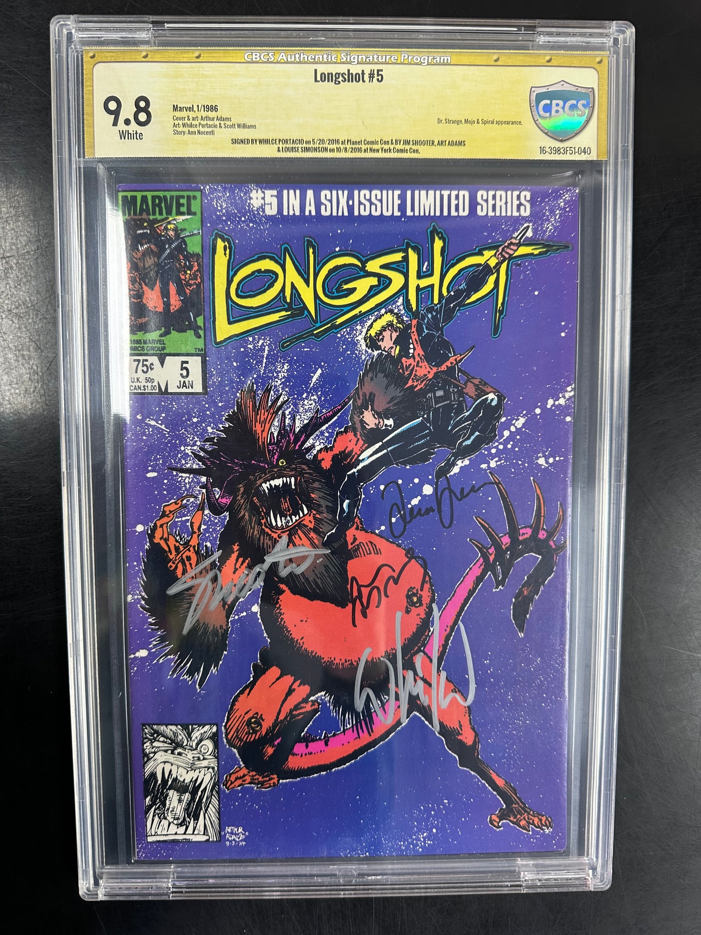 Longshot #5 CBCS 9.8 – Signed by Whilce Portacio, Art Adams, Jim Shooter & Louise Simonson