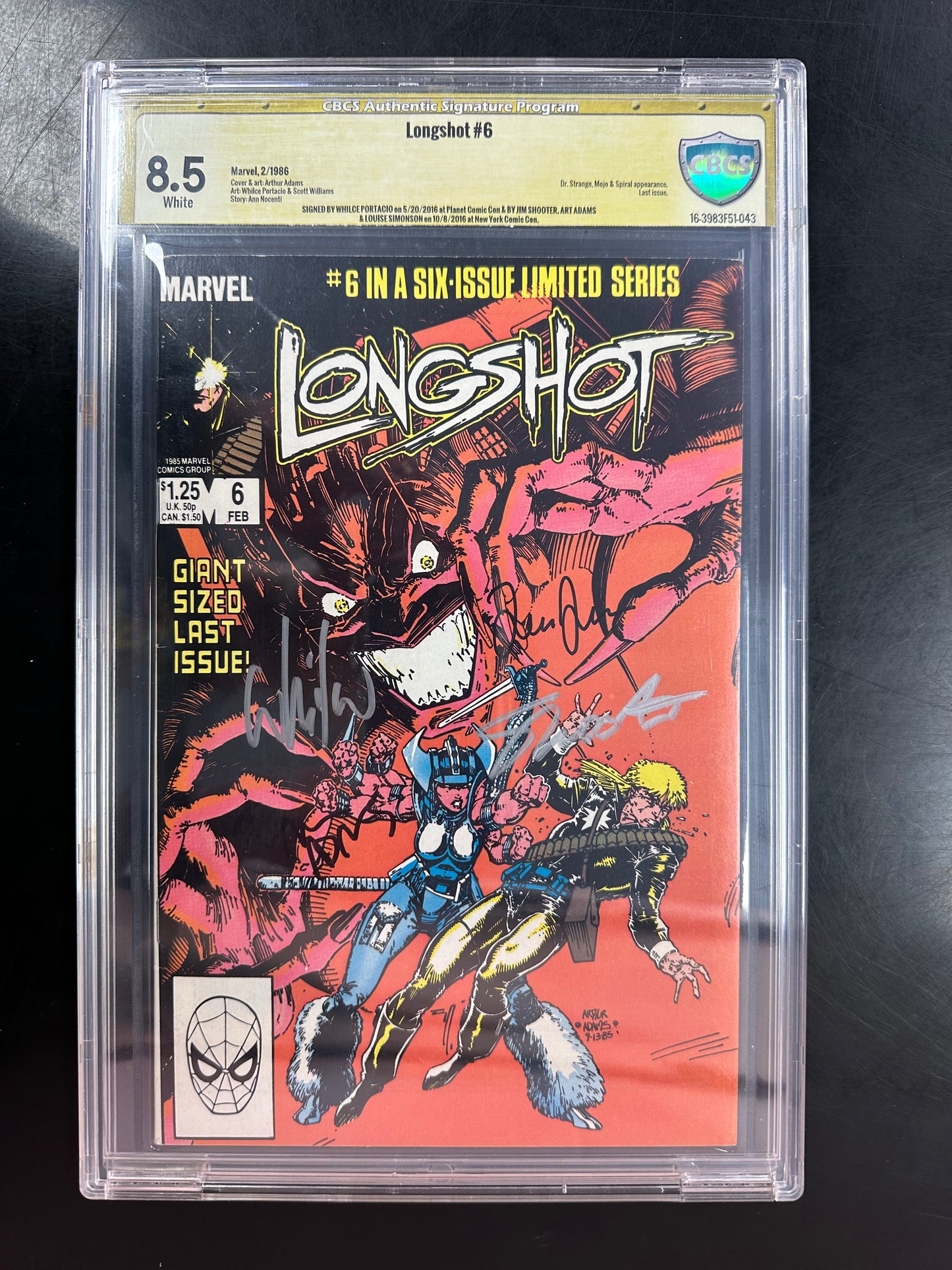 Longshot #6 CBCS 8.5 – Signed by Whilce Portacio, Art Adams, Jim Shooter & Louise Simonson