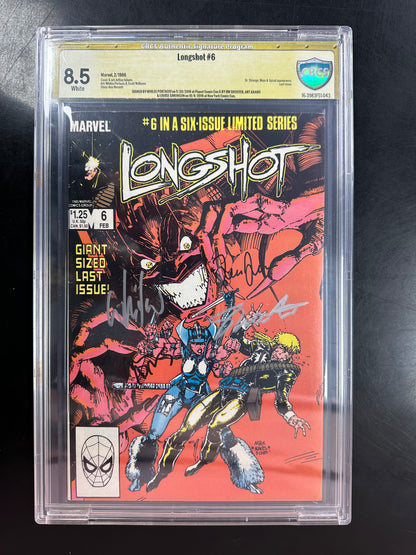 Longshot #6 CBCS 8.5 – Signed by Whilce Portacio, Art Adams, Jim Shooter & Louise Simonson